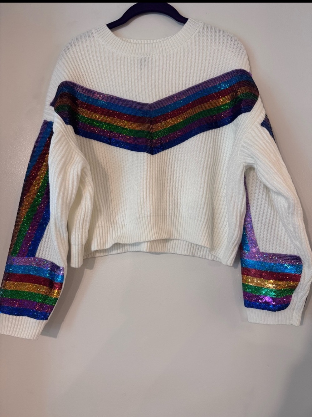 Queen of Sparkles Ivory Sequin Rainbow Chevron Sweater
